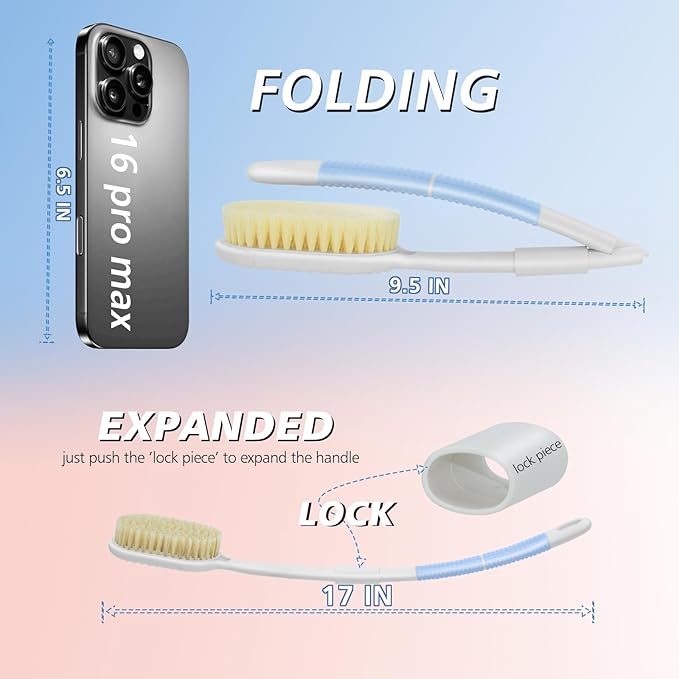Portable Shower Brush,Long Curved Foldable Handle with Soft and Stiff Bristles,Back Scrubber Bath Brush Removable Body Exfoliator for Wet or Dry Brushing