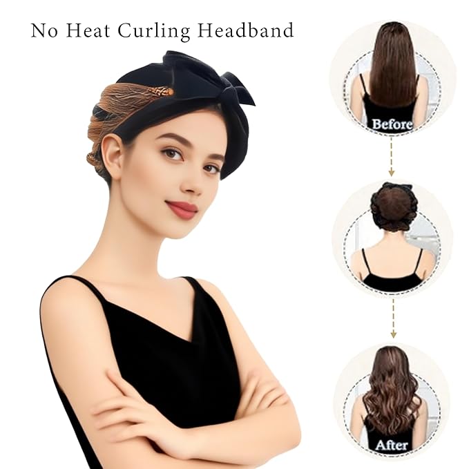 Heatless Curling Rod Set, 58inch Hair Curler Headband for Overnight Curls with 2Pcs Scrunchies and 1Pc Clip (Black)