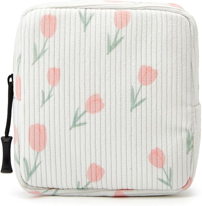 Small Makeup Bag for Purse,Mini Cosmetics Bag cute Zipper corduroy Cosmetic Pouch Storage Pouch Travel Toiletry Organizer for Women Girls(Tulip White)