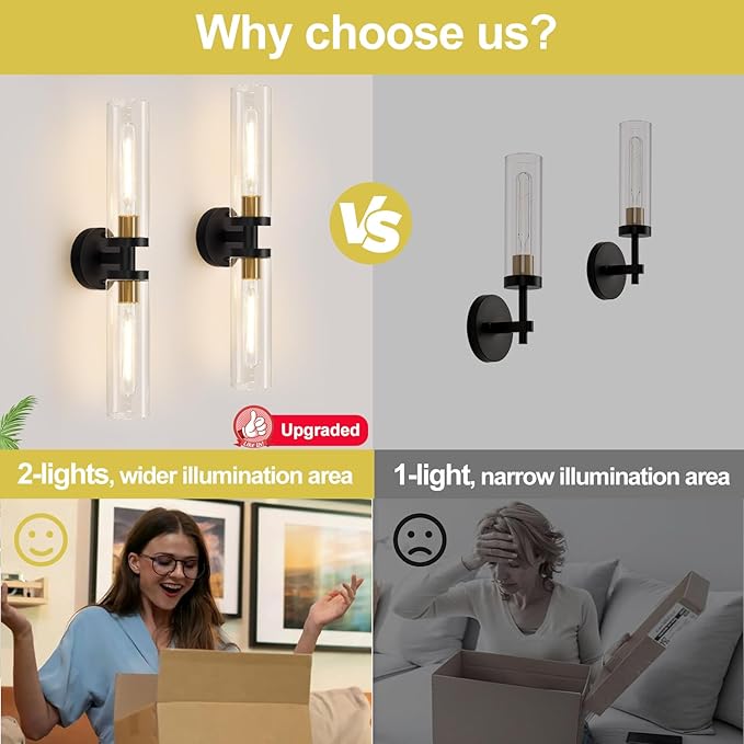 Wall Sconces Set of Two, 22" Black and Gold Bathroom Sconces with Clear Glass, Hardwired Modern Sconces Wall Decor Set of 2 Wall Light fixtures for Bathroom Mirror Living Room Hallway Bedroom