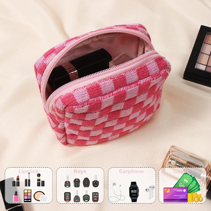 2 Pieces Makeup Bag Set, Small Pink Checkered Cosmetic Bag Travel Toiletry Organizer Mini Cosmetic Pouch Case Makeup Brushes Cute Quilted Aesthetic Accessories Storage Bag for Women