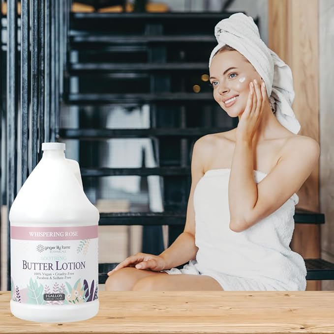 Ginger Lily Farms Botanicals Soothing Butter Lotion for Dry Skin, 100% Vegan & Cruelty-Free, Whispering Rose Scent, 1 Gallon (128 fl oz) Refill