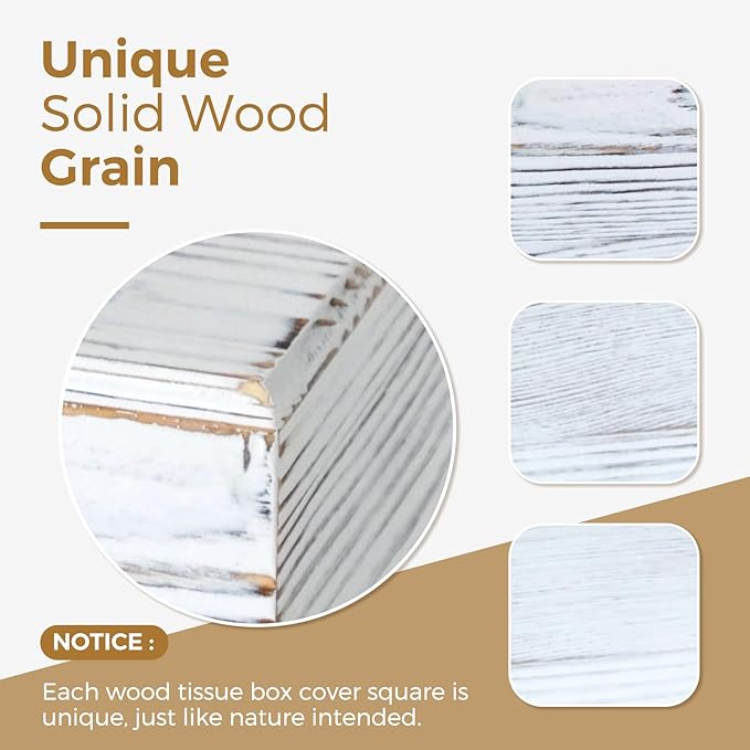 Wood Tissue Box Cover Square, Rustic White Tissue Box Cover, Decorative Cube Facial Wooden Tissue Box Holder with Slide-Out Bottom for Bathroom, Bedroom, Dinner Table, Office, Kitchen
