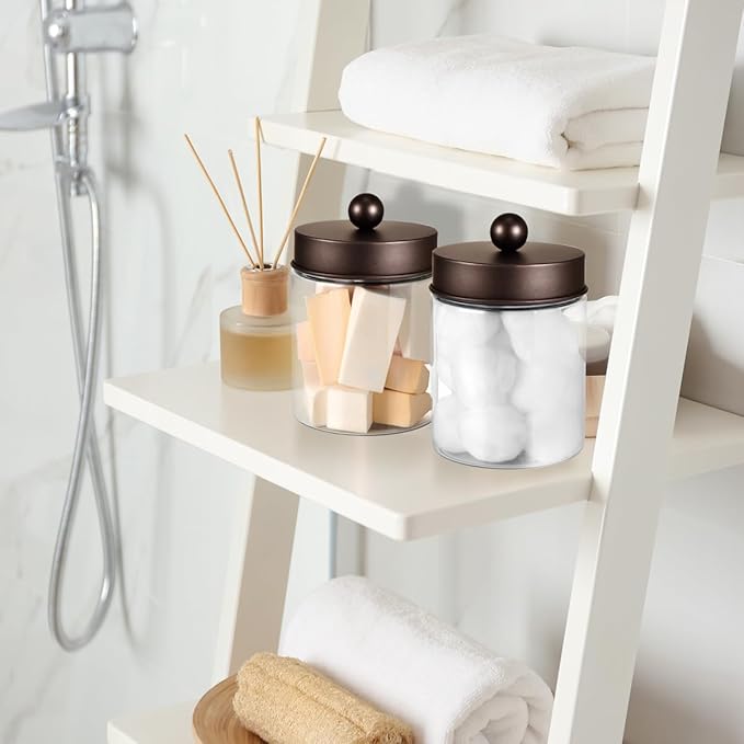 3PC Farmhouse Decor Qtip Holder Apothecary Jars Bathroom Vanity Storage Organizer -Countertop Canister Container &Cute Stickers for Cotton Swab, Ball,Pad,Floss ,Paper Clips (Bronze,Plastic)