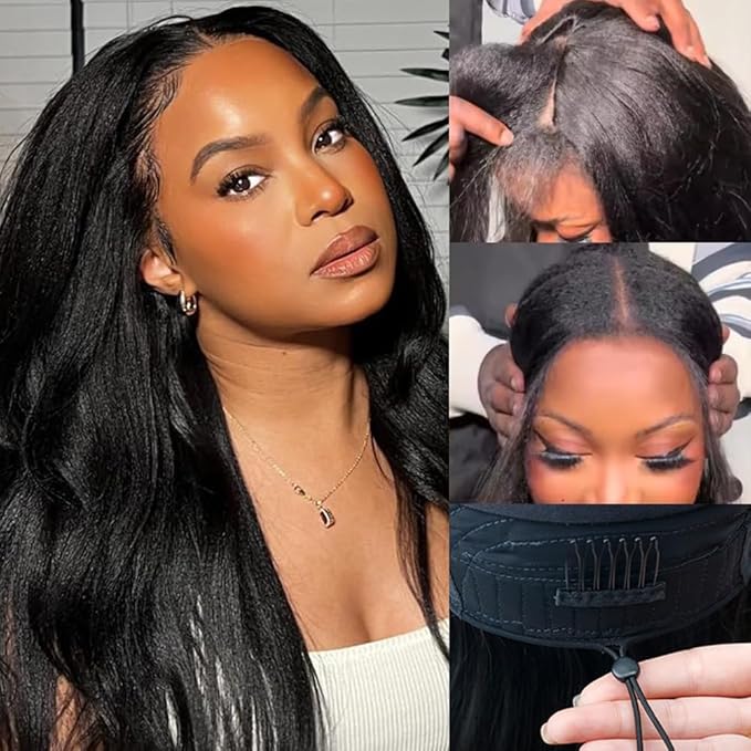 200% Density V Part Wigs Human Hair with Drawstring Yaki Straight Upgrade U Part Human Hair Wigs for Women Glueless Clip in Half Wigs Human Hair Magic Leave out 280g 24inch #1B Natural Black