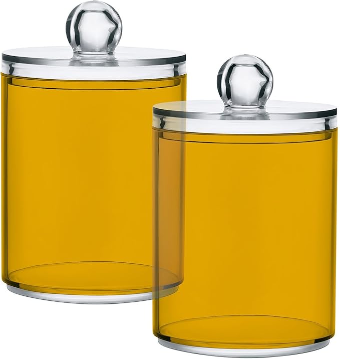 Mustard Yellow Qtip Holder Organizer Dispenser Cotton Swabs Cans Plastic Jars with Lid Set 4 Pack Bathroom Storage Canister for Cotton Ball Floss Cotton Pads