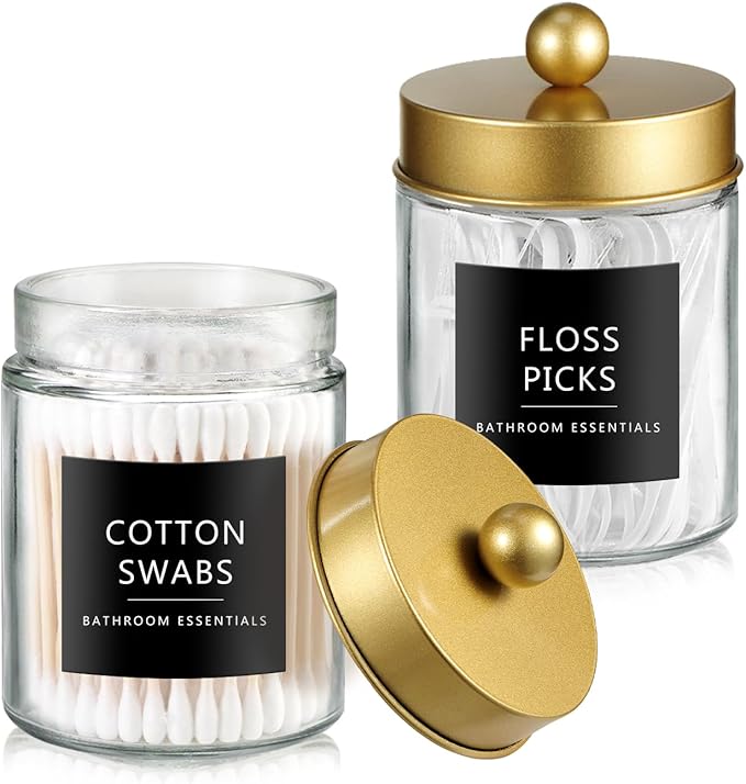 SheeChung Qtip Holder Dispenser for Bathroom Vanity Organizer and Farmhouse Decor - Stylish Glass Apothecary Jar with Stainless Steel Lid and Stickers,Bathroom Countertop Storage Canister(Gold,2Pack)