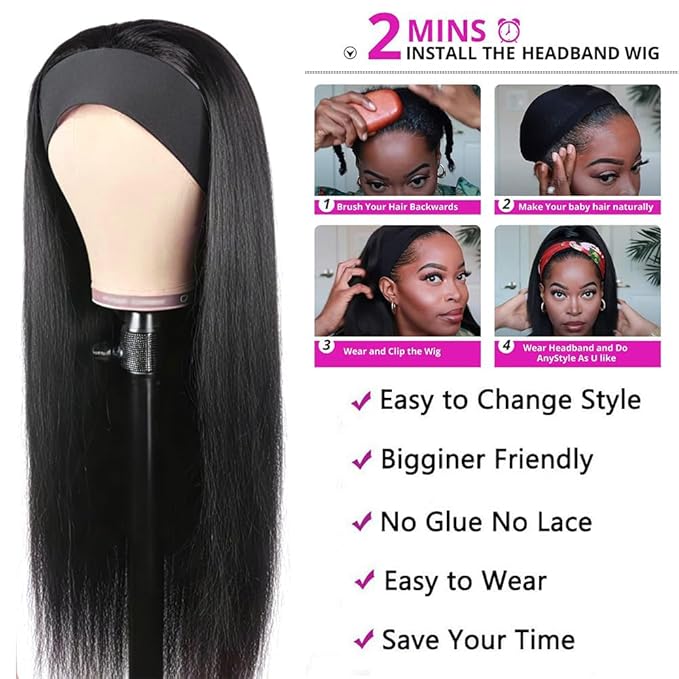 XSY Headband Wig Human Hair Straight Headband Wigs for Black Women Glueless No Lace Front Wig Human Hair Natural Black 150% Density 14 Inch