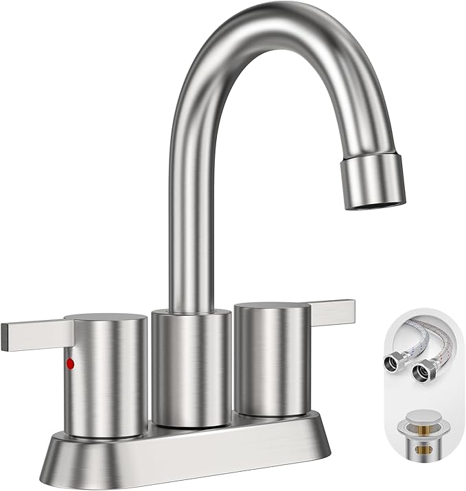 Phiestina Brushed Nickel 4 Inch 2 Handle Centerset Lead-Free Bathroom Sink Faucet, with Copper Pop Up Drain and Water Supply Lines,BF015-1-BN