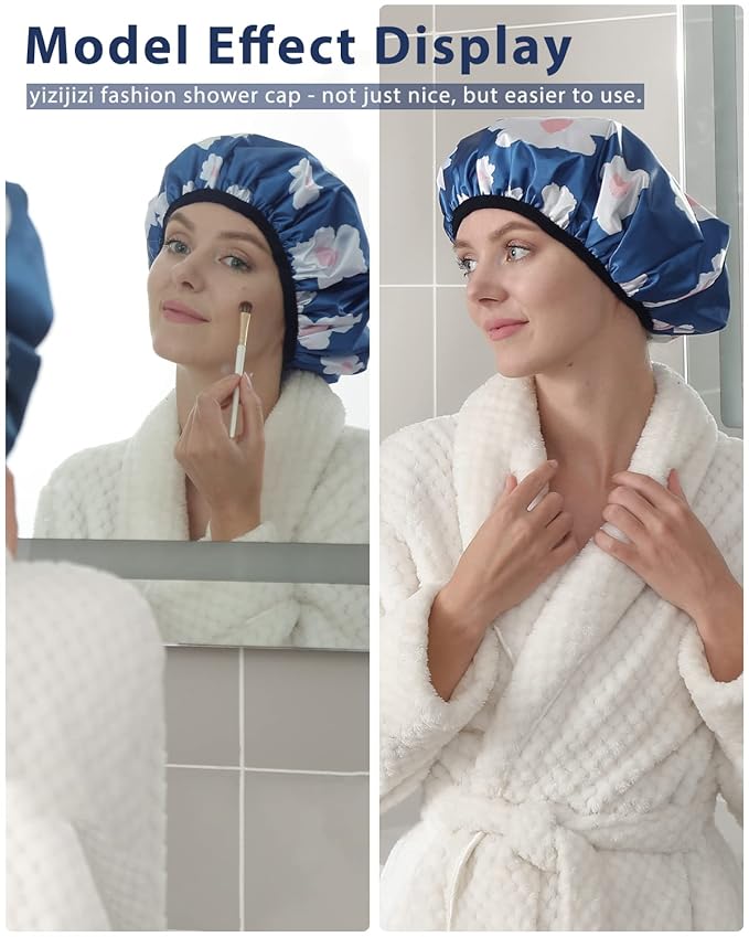 YIZIJIZI Terry Lined Shower Cap,Triple Layer Large Cap for Women,Shower Cap Reusable Waterproof,Long Thick Hair(Blue)