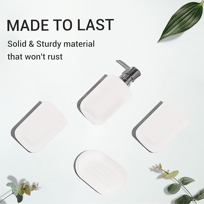 4 Piece Bathroom Accessories Set, Plastic Bathroom Accessory Set, Toothbrush Holder, Toothbrush Cup, Soap Dispenser, Soap Dish, White