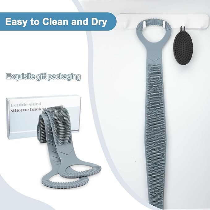 Silicone Back Scrubber for Shower Men, Dual-Sided Back Exfoliator Washer Scrub Strap - 100% Back Coverage to Clean, Exfoliate and Massage, Hygienic, Durable and Easy to Clean, Grey - 36 Inch