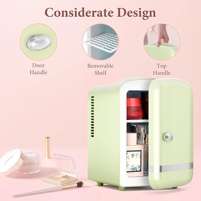 Xbeauty Retro Mini Fridge, Compact Refrigerator with 4L Capacity/6 Cans，Cooler & Warmer, Removable Shelf for Skincare, Beverages, Cosmetics, Perfect for Dorm, Bedroom, Green