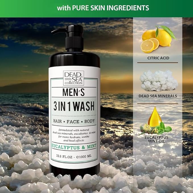 Dead Sea Collection Eucalyptus Mint Men’s Body Wash – 3 in 1 Body Wash for Men for Hair, Face & Body – Moisturizing Shower Gel with Dead Sea Minerals – Pack of 2 (33.8 fl oz each)