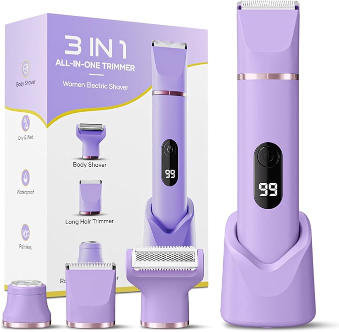 Bikini Trimmer for Women, Tiovara Painless Electric Razors Shaver IPX7 Waterproof Cordless Body Hair Trimmer Pubic Hair Removal with USB Charge Dock for Underarm Leg Arm Body Face Silk Skin (Lilac)