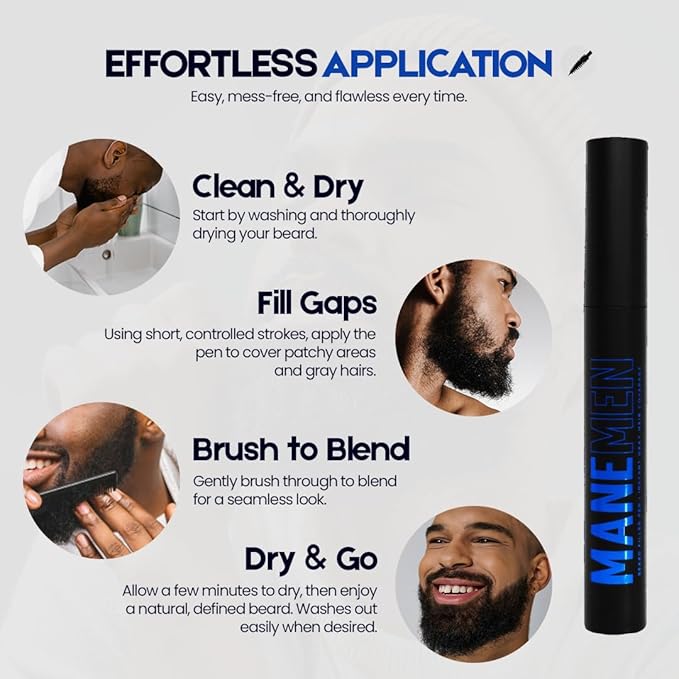 Manemen Beard Filler Pen For Men. Instant Gray Hair Coverage. Easy to Use Temporary Color for Beard, Mustache and Eyebrows. All Day Natural Finish - 2-in-1 Formula. Up to 40 Applications