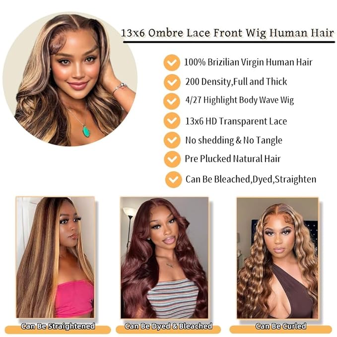 Sunelk Highlight Ombre 13x6 Lace Front Wig Human Hair 34 Inch Honey Blonde Wig 200 Density Glueless HD Lace Frontal Wig for Women 4/27 Highlight Body Wave Lace Front Wigs Human Hair
