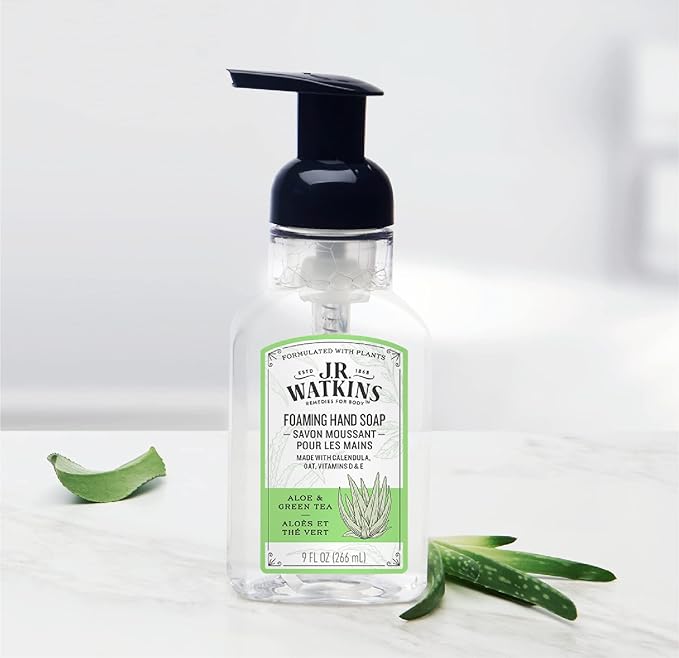 J.R. Watkins Foaming Hand Soap with Pump Dispenser, Moisturizing Foam Hand Wash, Alcohol-Free, Cruelty-Free, Aloe et The Vert/Aloe & Green Tea, 9 fl oz, 3 Pack