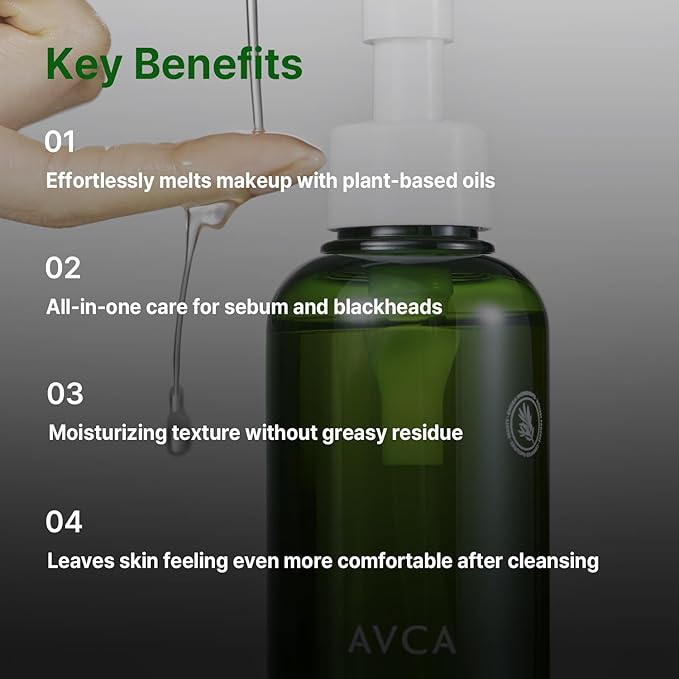AVCA Green Herb Blackhead Cleansing Oil – Makeup Dissolving & Pore-Clearing Cleanser with Plant Oils, Vitamin E & Squalane, Light-Feel Cleanse, K-Beauty for Normal to Oily Skin, 6.76 fl oz (200 mL)