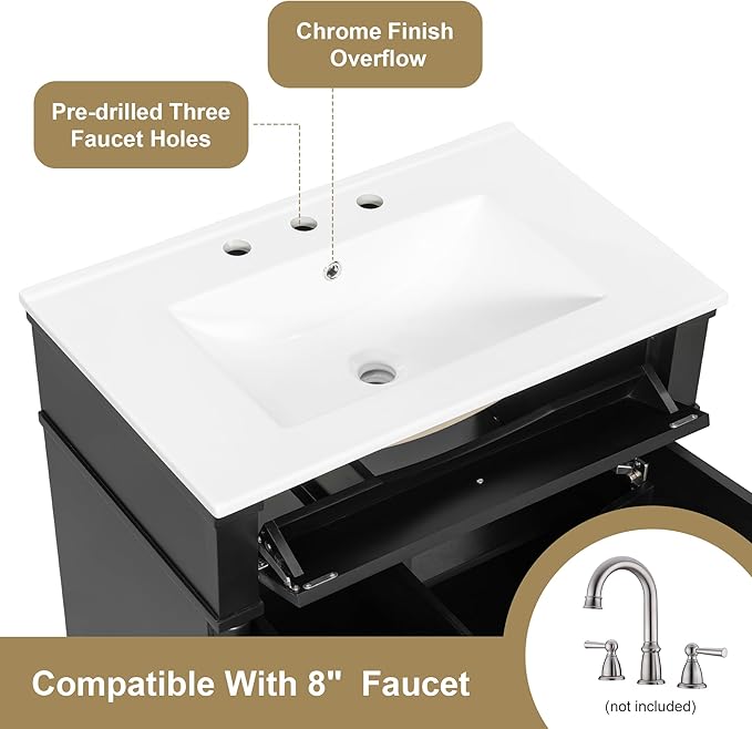 Harper & Bright Designs 30" Bathroom Vanity with Sink, Free Standing Bathroom Vanity Set with Flip Drawer, 2 Drawers, and Adjustable Shelf, Wood Storage Cabinet with Ceramic Basin for Bathroom, Black