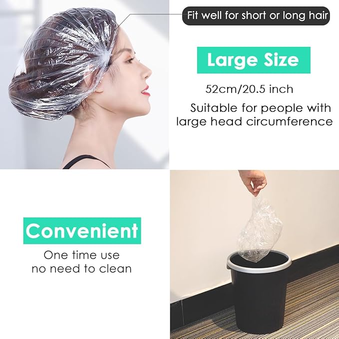 Keeygo Disposable Shower Caps 50 PCS Bath Caps Clear Waterproof Plastic Wraps for Women, Hotel Travel Essentials Accessories Hair Caps(20.5")