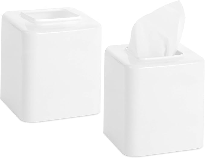 Youngever 2 Pack Tissue Box Covers, Plastic Square Tissue Box Holders, Square Napkin Box Holders (White)