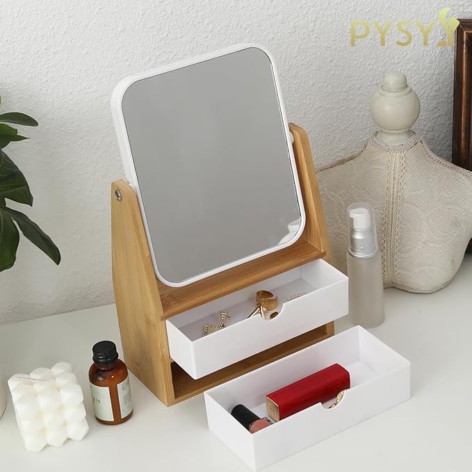 1x / 5X Magnifying Makeup Mirror, Jewelry and Cosmetics Storage Box with Double Drawers, Adjustable Natural Bamboo Stand, 360° rotatable Vertical Desktop Mirror (1, Rectangle)