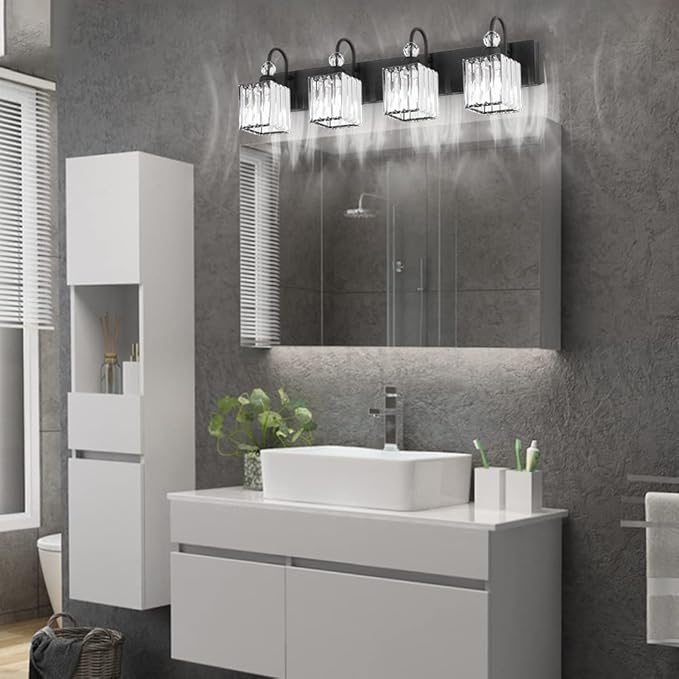 Ralbay Matte Black Crystal Vanity Light 4 Light Modern Crystal Bathroom Lighting Fixtures Over Mirror, Crystal Black Bathroom Vanity Light
