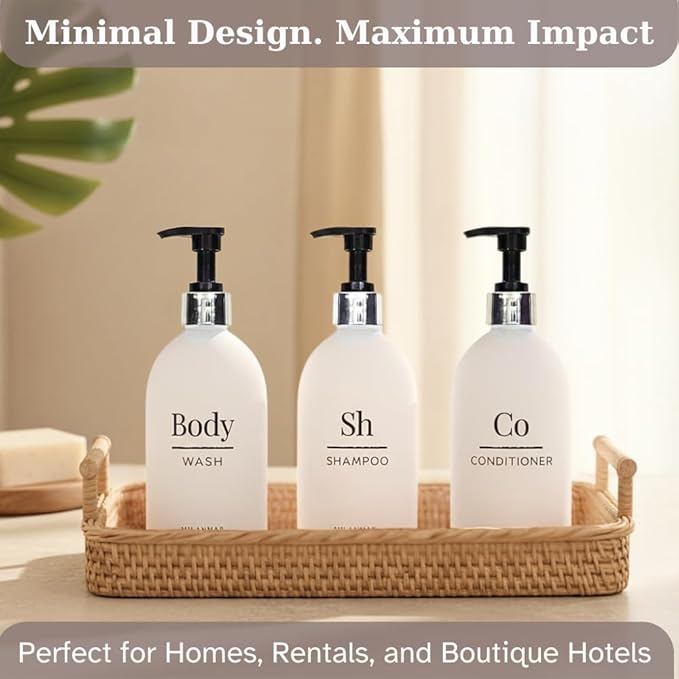 Shampoo & Conditioner Shower Dispenser Set, Pearl White - Empty Matte Plastic Bottles, 16.9 oz Pump Containers, Luxury Bathroom Decor, 3 Pack for Spa, Airbnb [White-Silver]