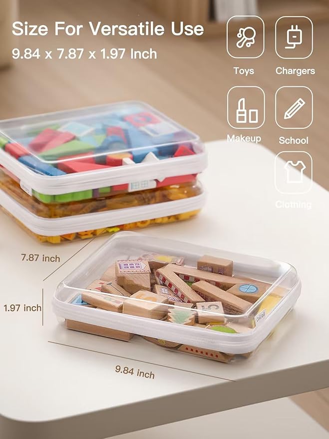 Zippered Pouch Hard, Clear Zippered Hard Pouch, Stackable Storage Bins, Portable Clear Bin Zipper (White, Large-6pcs)