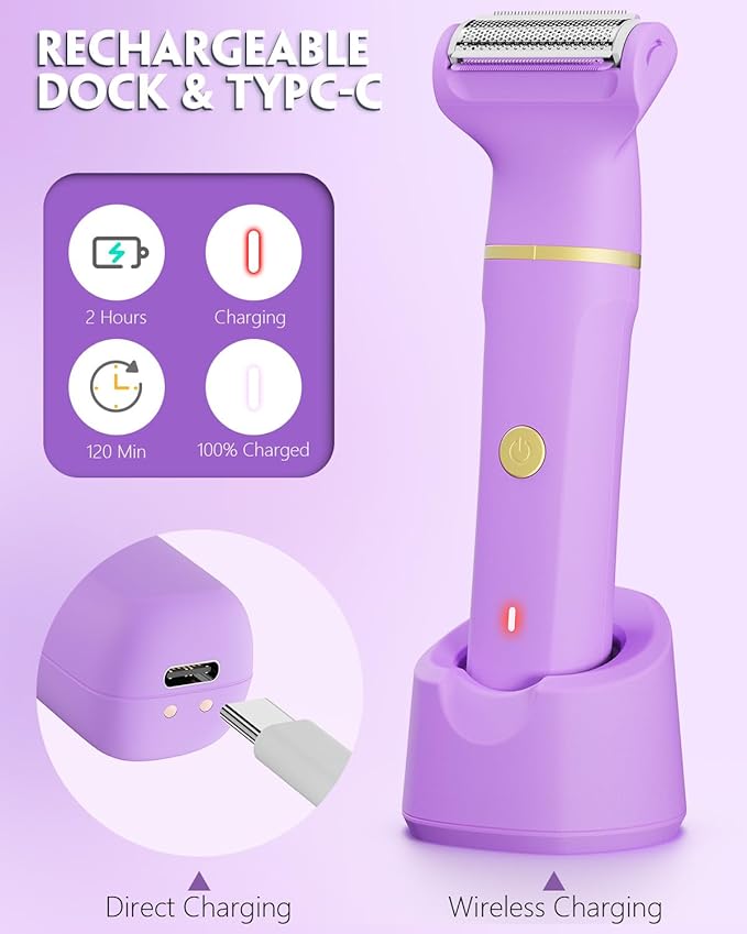 Bikini Trimmer for Women, Tiovara Painless Electric Razors Shaver IPX7 Waterproof Cordless Body Hair Trimmer Pubic Hair Removal with USB Charge Dock for Underarm Leg Arm Body Face Silk Skin (Purple)