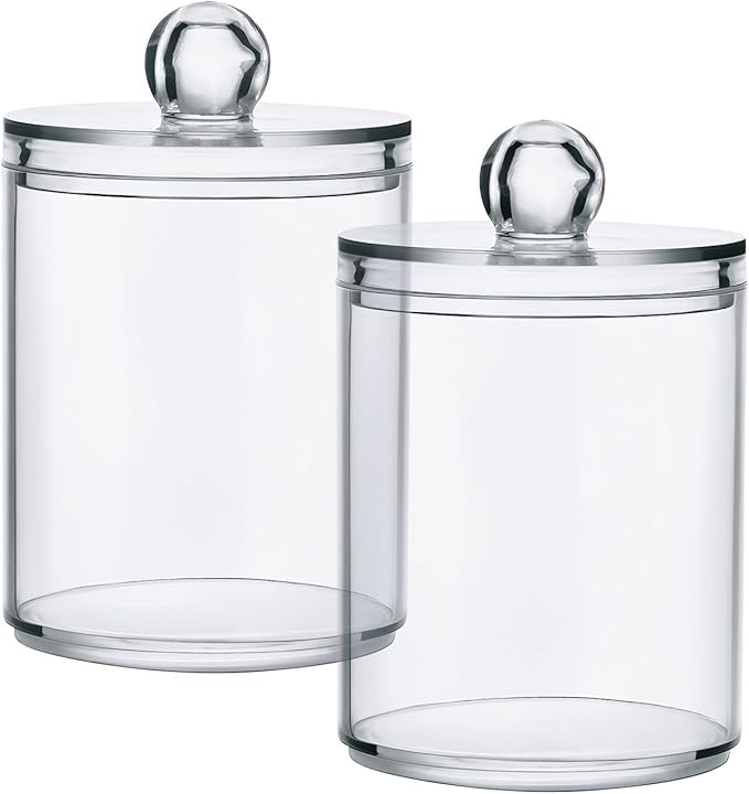 White Qtip Holder Organizer Dispenser Cotton Swabs Cans Plastic Jars with Lid Set 2 Pack Bathroom Storage Canister for Cotton Ball Floss Cotton Pads