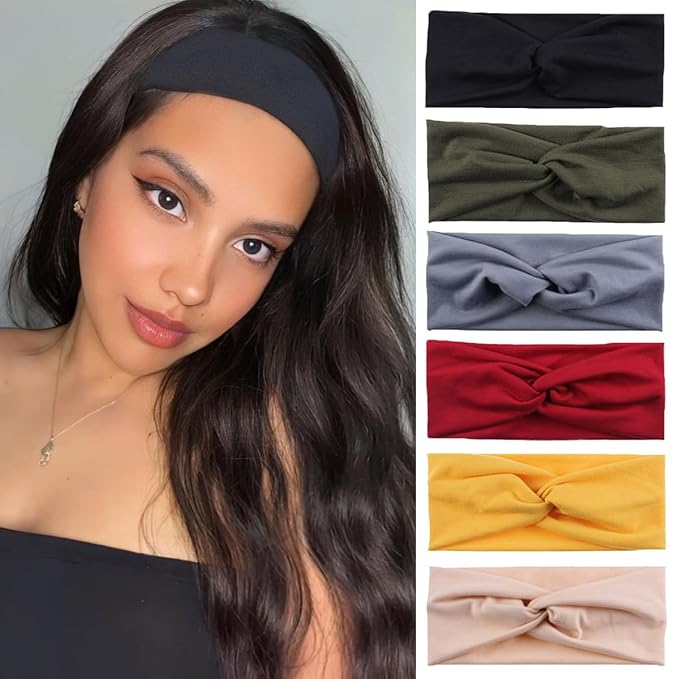 Kachanaa 6 Pack Solid Color Headbands for Women - Non - slip Soft Elastic Turbans Ideal for Running,Yoga & Sports Sweat Wicking for Girls