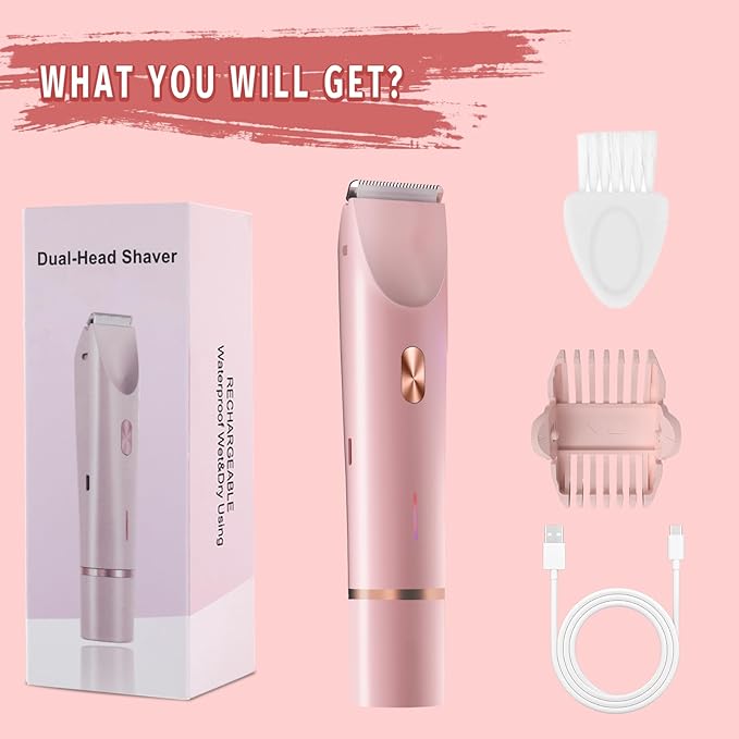 Bikini Trimmer for Women, 2 in 1 Electric Razor & Bikini Shaver for Womens IPX7 Waterproof Body Hair Trimmer and Facial Hair Remover,Pink