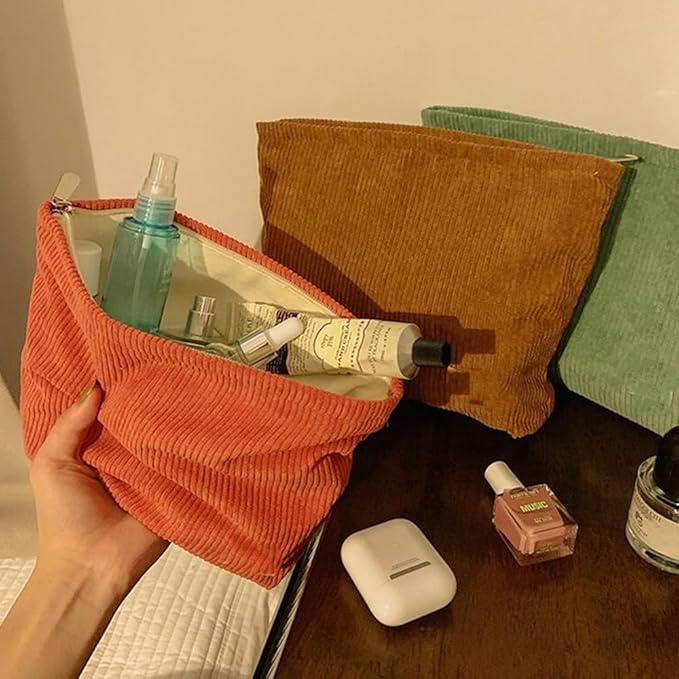 SxoSyo Cosmetic Bags for Women Makeup Bag Large Capacity Purse Travel Toiletry Zipper Storage Pouch Make up Brushes Organizer for Gifts (Corduroy, Khaki)
