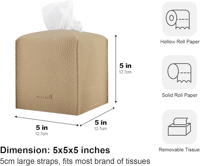 Tissue Box Cover 5X5X5'' PU Leather Tissue Holder Square Tissue Cube Box Organizer for Bathroom Vanity Countertop, Car, Night Stands, Office, Home, Kitchen (2Pack, Wood Apricot)