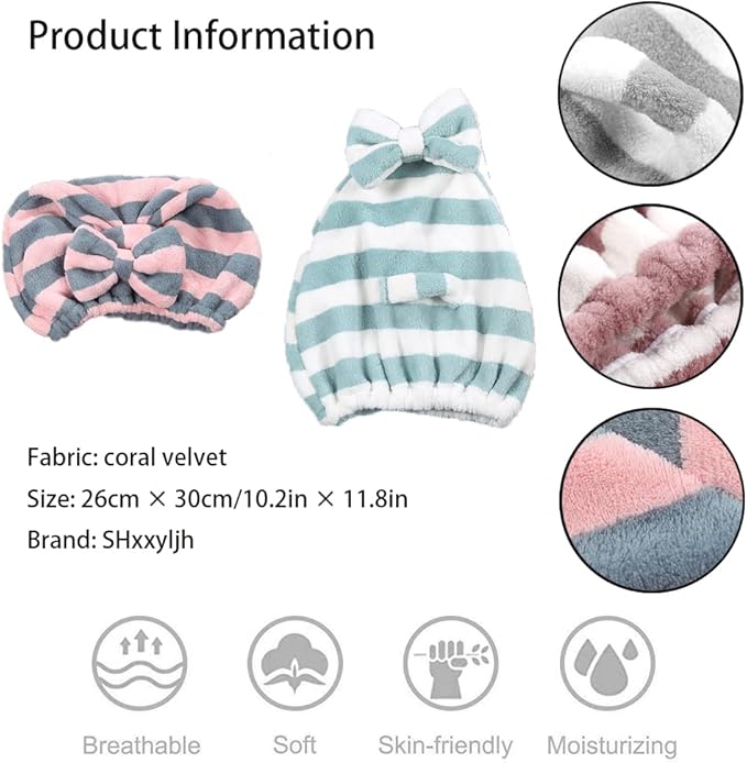 Large Microfiber Hair Towel Cap,Rapid Drying Towel For Hair,Ultra Soft Super Absorbent Hair Drying Towel Turban,Cute Green&Pink Bow Hair Towel Wrap,Hair Drying Towels For Women Fast Dry(2pack)