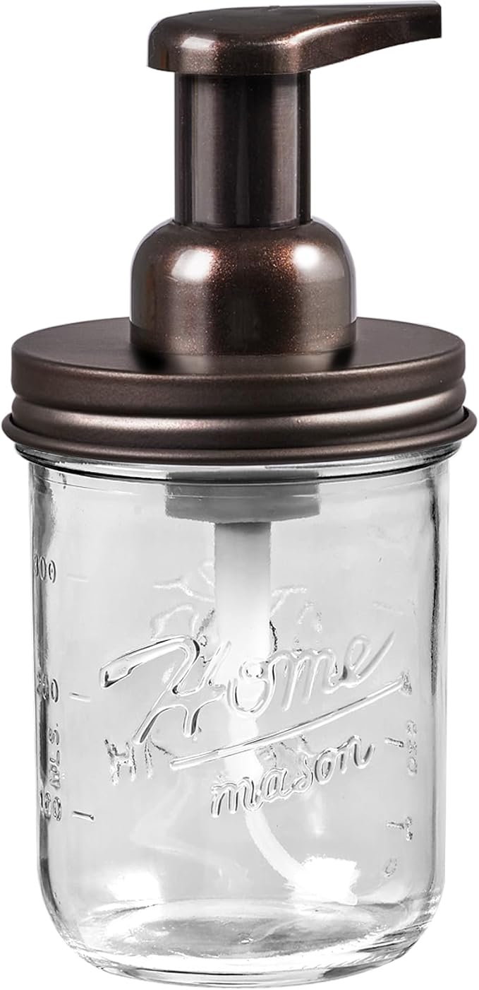 SheeChung Mason Jar Foaming Soap Dispenser, Glass Foaming Hand Soap Dispensers, Stainless Steel Lid, Refillable Foam Soap Dispenser for Bathroom Kitchen, Farmhouse Bathroom Decor (1 Pack, Bronze)