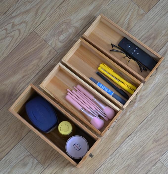 Rustic Beauty Organizer 4 Drawers - Wooden Cosmetic Storage Box for Neat & Home Office Desk &Organize &Storing of Makeup holder Tools,Bathroom Counter-top(Wood Color, L)