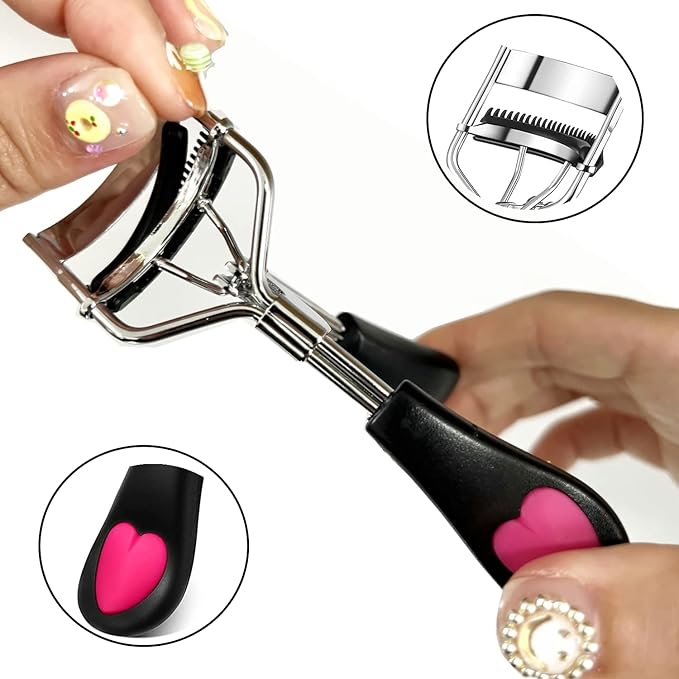 Stainless Steel Eyelash Curler with Built-in Comb Pinch Pain-Free Suitable for Any Eye Shapes and Sizes, with 5 Silicone Refill Pads (Black)
