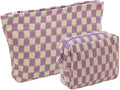 2 Pieces Makeup Bag Set, Small Checkered Cosmetic Bag Travel Toiletry Organizer Mini Purple Cosmetic Pouch Case Makeup Brushes Quilted Aesthetic Accessories Storage Bag for Women (Large+Mini Purple)