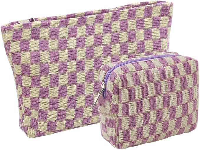 2 Pieces Makeup Bag Set, Small Checkered Cosmetic Bag Travel Toiletry Organizer Mini Purple Cosmetic Pouch Case Makeup Brushes Quilted Aesthetic Accessories Storage Bag for Women (Large+Mini Purple)