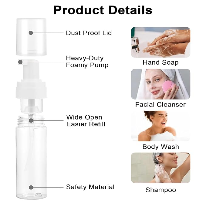 Foam Pump Bottle 1.7oz 2Pcs Foaming Soap Dispenser 50ml Foaming Spray Bottle Empty Travel Foam Bottle Clear Foam Dispenser for Hand Soap Toiletries Shampoo Lotion