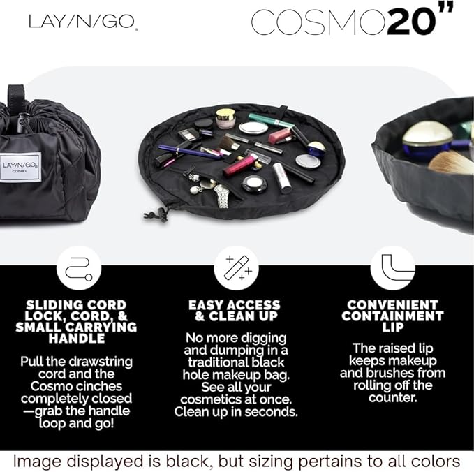 Lay-n-Go Cosmo Layflat Drawstring Cosmetic & Makeup Bag Organizer - Portable Drawstring Bag w/Zipper Pocket, Makeup Loops & More - Durable, Machine Washable Toiletry Bag for Travel (20", Checked)