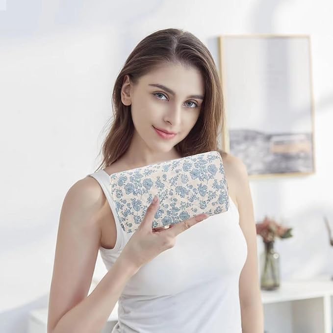 Puffy Coquette Floral Quilted Makeup Bag - Large Fashionable Travel Pouch, Cute Blue