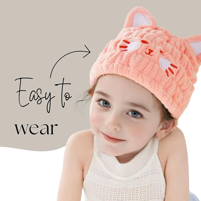 Microfiber Hair Towel Wrap for Kids, Pink Cat Dry Hair Cap Suck Water, Absorbent Quick Girls Boys Hair Drying Towel, Lightweight Bouncy Hat Headscarf