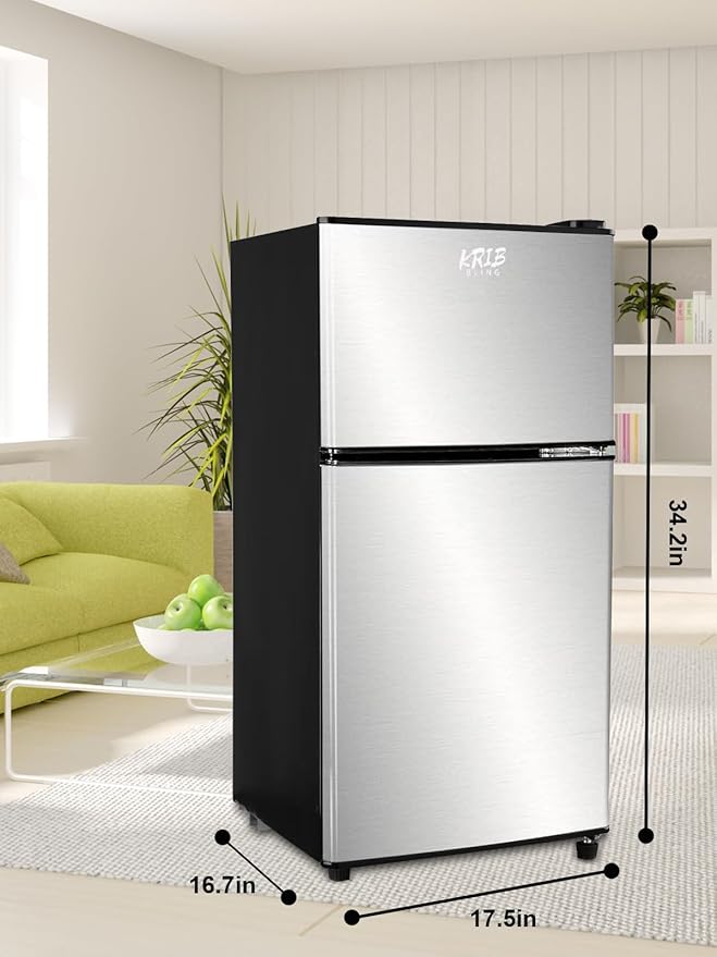 Mini Fridge With Freezer,3.5 Cu. Ft Compact Refrigerator With 2 Doors,7- Level Adjustable Thermostat, Removable Glass Shelves For Bedroom, Office, Kitchen, Apartment, Dorm, Silver