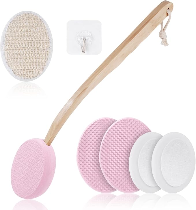 URAQT Lotion Applicator Set - 7 Piece Body Brush with Long Handle, 2 in 1 Back Scrubber for Self Application, Hook Included