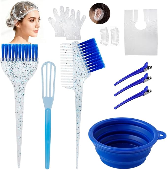Hair Dye Color Brush and Bowl Set, Color Bowl Brushes Tool Mixing Bowl Kit Tint Comb for Hair Tint Dying Coloring Applicator (Dark Blue&Clear)