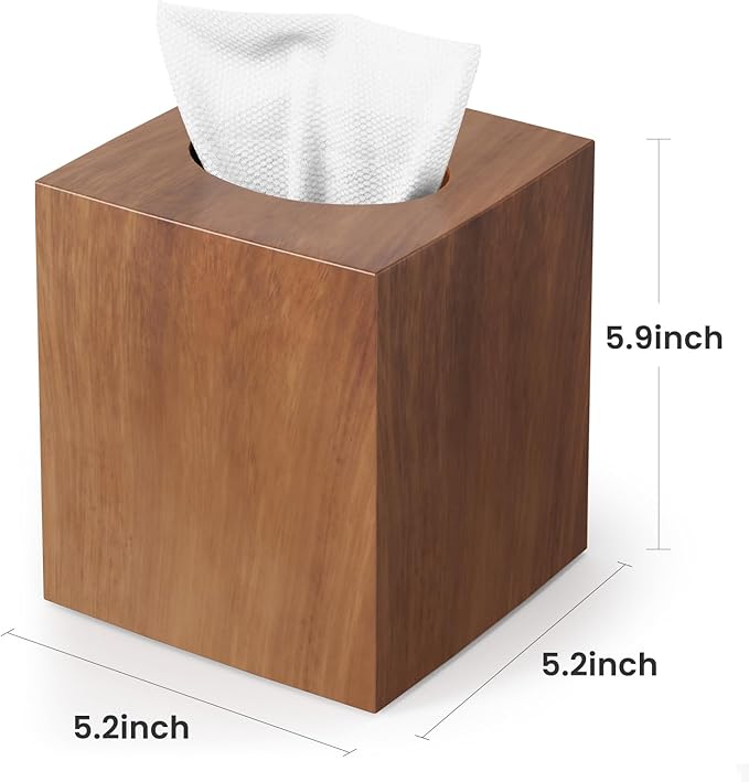 Tissue Box Cover, Square Facial Acrylic Tissue Holder with 2 Pack Clear Qtip Holder Dispenser for Cotton Swabs, Bathroom Essentials Accessories Decor, Vanity Makeup Countertops -Wood Grain